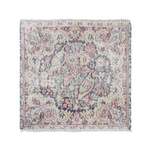 Load image into Gallery viewer, 1&#39;7&quot;x1&#39;7&quot; Indigo Blue, Hand Knotted, Vintage and Worn Persian Kerman with Leaf and Bird Design, Cropped Thin, Distressed, Pure Wool, Square, Oriental Rug FWR468738