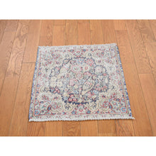 Load image into Gallery viewer, 1&#39;7&quot;x1&#39;7&quot; Indigo Blue, Hand Knotted, Vintage and Worn Persian Kerman with Leaf and Bird Design, Cropped Thin, Distressed, Pure Wool, Square, Oriental Rug FWR468738