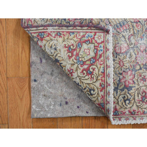 1'9"x1'9" Indigo Blue, Vintage Persian Kerman with Flowers and Birds Design, Worn Down, Distressed, Pure Wool, Hand Knotted, Square, Oriental Rug FWR468744