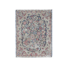 Load image into Gallery viewer, 1&#39;7&quot;x2&#39;2&quot; Indigo Blue, Vintage Persian Kerman with Birds and Flowers Design, Worn Down, Distressed, Hand Knotted, Pure Wool, Mat, Oriental Rug FWR468756