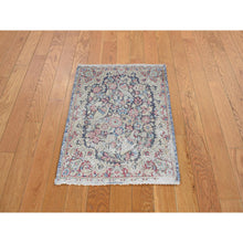 Load image into Gallery viewer, 1&#39;7&quot;x2&#39;2&quot; Indigo Blue, Vintage Persian Kerman with Birds and Flowers Design, Worn Down, Distressed, Hand Knotted, Pure Wool, Mat, Oriental Rug FWR468756