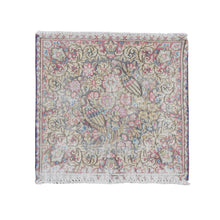 Load image into Gallery viewer, 1&#39;9&quot;x1&#39;9&quot; Spruce Blue, Vintage Persian Kerman with Birds and Flower Design, Worn Down, Distressed, Hand Knotted, Pure Wool, Square, Oriental Rug FWR468762