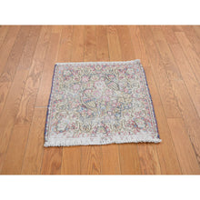 Load image into Gallery viewer, 1&#39;9&quot;x1&#39;9&quot; Spruce Blue, Vintage Persian Kerman with Birds and Flower Design, Worn Down, Distressed, Hand Knotted, Pure Wool, Square, Oriental Rug FWR468762