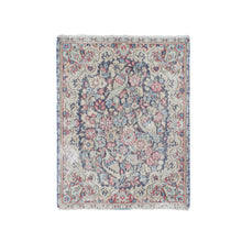 Load image into Gallery viewer, 1&#39;8&quot;x2&#39;2&quot; Denim Blue, Hand Knotted, Vintage Persian Kerman with Birds and Flowers Design, Worn Down, Distressed, Pure Wool, Mat, Oriental Rug FWR468774