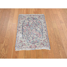 Load image into Gallery viewer, 1&#39;8&quot;x2&#39;2&quot; Denim Blue, Hand Knotted, Vintage Persian Kerman with Birds and Flowers Design, Worn Down, Distressed, Pure Wool, Mat, Oriental Rug FWR468774