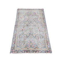 Load image into Gallery viewer, 1&#39;9&quot;x3&#39;7&quot; Stone Blue, Vintage Persian Kerman with All Over Leaf and Birds Design, Worn Down, Distressed, Hand Knotted, Pure Wool, Mat, Oriental Rug FWR468798