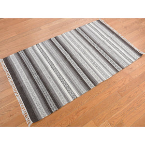 3'x5'2" Battleship Gray, Striped Reversible Kilim, Hand Woven, Flat Weave, Oriental Rug FWR468858