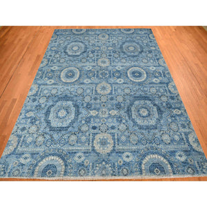 9'x12'4" Steel Blue, Pure Silk, Borderless Antiqued Mamluk Design, Hand Knotted, Oriental Rug FWR468882