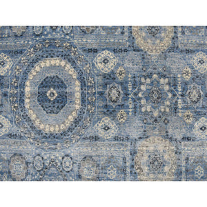 9'x12'4" Steel Blue, Pure Silk, Borderless Antiqued Mamluk Design, Hand Knotted, Oriental Rug FWR468882