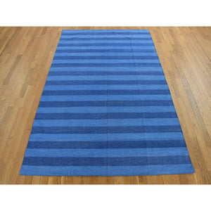 6'x9' Ruddy Blue, Pure Cotton, Durie Kilim Flat Weave, Stripe Design, Hand Woven, Reversible Oriental Rug FWR468954