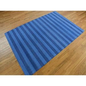 6'x9'3" Ruddy Blue, Pure Cotton, Durie Kilim Flat Weave, Stripe Design, Hand Woven, Reversible Oriental Rug FWR468960