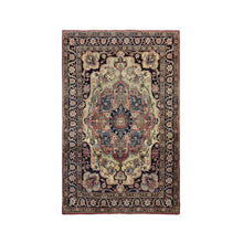 Load image into Gallery viewer, 4&#39;2&quot;x6&#39;4&quot; Tottenham Navy Blue, Antique Persian Lavar Kerman in Good Condition, Medallion Design with Even Wear, 100% Wool, Hand Knotted Oriental Rug FWR469086