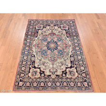 Load image into Gallery viewer, 4&#39;2&quot;x6&#39;4&quot; Tottenham Navy Blue, Antique Persian Lavar Kerman in Good Condition, Medallion Design with Even Wear, 100% Wool, Hand Knotted Oriental Rug FWR469086