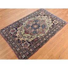 Load image into Gallery viewer, 4&#39;2&quot;x6&#39;4&quot; Tottenham Navy Blue, Antique Persian Lavar Kerman in Good Condition, Medallion Design with Even Wear, 100% Wool, Hand Knotted Oriental Rug FWR469086