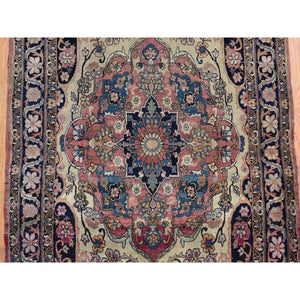 4'2"x6'4" Tottenham Navy Blue, Antique Persian Lavar Kerman in Good Condition, Medallion Design with Even Wear, 100% Wool, Hand Knotted Oriental Rug FWR469086