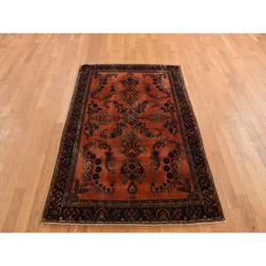 4'2"x6'4" Orange Rust, Antique Persian Sarouk Mohajoren in Good Condition, 100% Wool, Hand Knotted, Clean with Soft Pile Oriental Rug FWR469098