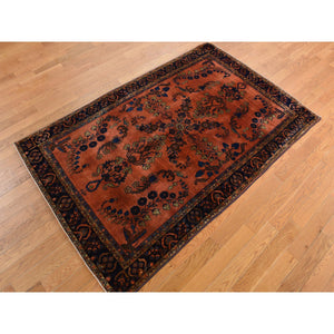 4'2"x6'4" Orange Rust, Antique Persian Sarouk Mohajoren in Good Condition, 100% Wool, Hand Knotted, Clean with Soft Pile Oriental Rug FWR469098