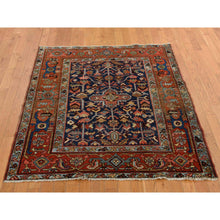 Load image into Gallery viewer, 4&#39;6&quot;x5&#39;6&quot; Space Cadet Blue, Antique Persian Heriz in Good Condition, Even Wear, Wide Serapi Borders, 100% Wool, Hand Knotted Oriental Rug FWR469104