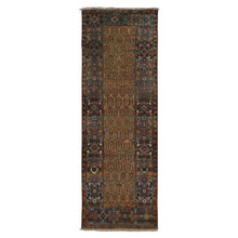 Load image into Gallery viewer, 3&#39;8&quot;x11&#39;2&quot; Hardwood Brown, Antique Persian Bakshaish, Even Wear, Paisley Design, Camel Hair, Wide Serapi Borders, 100% Wool, Hand Knotted Wide Runner in Good Condition, Oriental Rug FWR469110