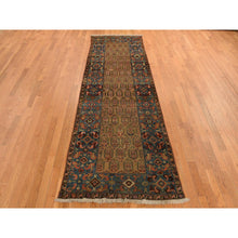 Load image into Gallery viewer, 3&#39;8&quot;x11&#39;2&quot; Hardwood Brown, Antique Persian Bakshaish, Even Wear, Paisley Design, Camel Hair, Wide Serapi Borders, 100% Wool, Hand Knotted Wide Runner in Good Condition, Oriental Rug FWR469110