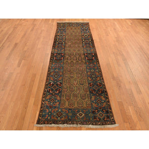 3'8"x11'2" Hardwood Brown, Antique Persian Bakshaish, Even Wear, Paisley Design, Camel Hair, Wide Serapi Borders, 100% Wool, Hand Knotted Wide Runner in Good Condition, Oriental Rug FWR469110