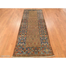 Load image into Gallery viewer, 3&#39;8&quot;x11&#39;2&quot; Hardwood Brown, Antique Persian Bakshaish, Even Wear, Paisley Design, Camel Hair, Wide Serapi Borders, 100% Wool, Hand Knotted Wide Runner in Good Condition, Oriental Rug FWR469110