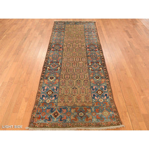 3'8"x11'2" Hardwood Brown, Antique Persian Bakshaish, Even Wear, Paisley Design, Camel Hair, Wide Serapi Borders, 100% Wool, Hand Knotted Wide Runner in Good Condition, Oriental Rug FWR469110