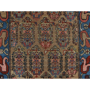 3'8"x11'2" Hardwood Brown, Antique Persian Bakshaish, Even Wear, Paisley Design, Camel Hair, Wide Serapi Borders, 100% Wool, Hand Knotted Wide Runner in Good Condition, Oriental Rug FWR469110