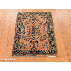 1'10"x2'8" Shrimp Red, Hand Knotted Antique Persian Mohajaran Sarouk Mat in Good Condition, Even Wear, Pure Wool, Oriental Rug FWR469116