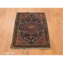 Load image into Gallery viewer, 2&#39;x2&#39;10&quot; Prussian Blue and Winery Red, Antique Persian Sarouk, Hand Knotted 100% Wool, Even Wear, Good Condition, Oriental Mat Rug FWR469134