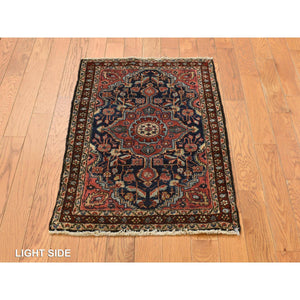 2'x2'10" Prussian Blue and Winery Red, Antique Persian Sarouk, Hand Knotted 100% Wool, Even Wear, Good Condition, Oriental Mat Rug FWR469134