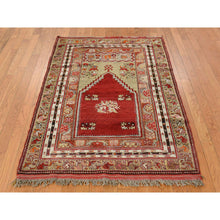 Load image into Gallery viewer, 3&#39;10&quot;x5&#39;4&quot; Pompeain Red, Hand Knotted Antique Turkish Bergama Prayer Rug, In Mint Condition, Clean and Soft, Natural Wool Full Pile FWR469218