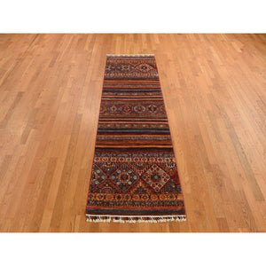 2'9"x9' Barn Red, Hand Knotted, Pure and Soft Wool, Super Kazak Khorjin Design, Runner Oriental Rug FWR469266