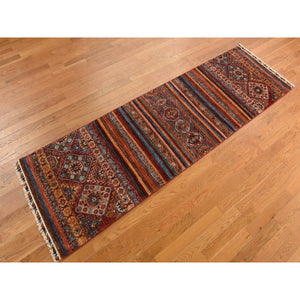 2'9"x9' Barn Red, Hand Knotted, Pure and Soft Wool, Super Kazak Khorjin Design, Runner Oriental Rug FWR469266