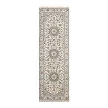 Load image into Gallery viewer, 2&#39;9&quot;x8&#39;6&quot; Swan White, 250 KPSI, Nain with Center Motif Flower Design, Wool and Silk, Hand Knotted, Runner Oriental Rug FWR469338