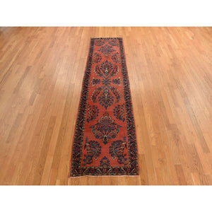 2'7"x10' Prismatic Red, Antique Persian Sarouk Mohajeren in Excellent Condition, Clean, Full Pile and Soft, Sides and Ends Professionally Secured, 100% Wool, Hand Knotted, Runner, Oriental Rug FWR469380