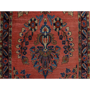 2'7"x10' Prismatic Red, Antique Persian Sarouk Mohajeren in Excellent Condition, Clean, Full Pile and Soft, Sides and Ends Professionally Secured, 100% Wool, Hand Knotted, Runner, Oriental Rug FWR469380