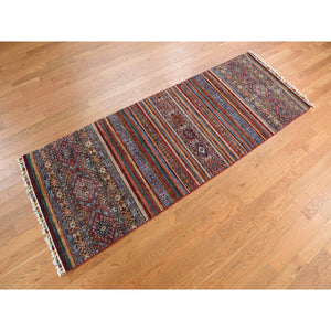 2'10"x7'10" Barn Red, Hand Knotted, Pure and Soft Wool, Super Kazak Khorjin Design, Runner, Oriental Rug FWR469458