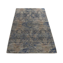 Load image into Gallery viewer, 3&#39;x5&#39; Yale Blue, Erased Rosette Design, Distressed Silk with Textured Wool, Hand Knotted, Oriental Rug FWR469488