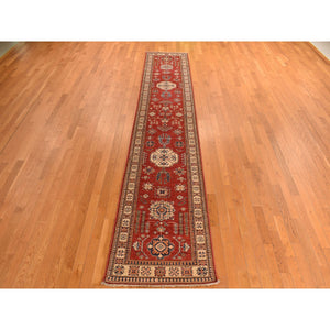 2'7"x13'1" Carnelian Red, Afghan Super Kazak, Hand Knotted, Shiny Wool, Vegetable Dyes, Runner, Oriental Rug FWR469506