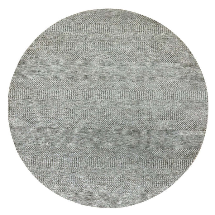 6'x6' Gauntlet Gray, Hand Knotted, Shabby Chic, Modern 100% Undyed Wool With Grass Design, Tone On Tone, Organic Sustainable Textile Oriental Round Rug FWR477942