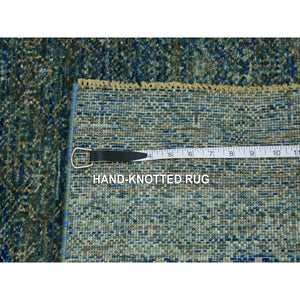 2'6"x10'1" Clover Green, Kohinoor Herat, 100% Wool, Diamond Shape Repetitive Design, Borderless Hand Knotted, Tone on Tone, Runner Oriental Rug FWR478026