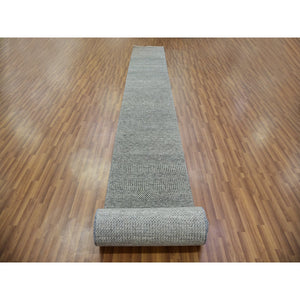 2'5"x28' Cloud Gray, Natural Undyed Wool, Modern Grass Design, Hand Knotted, XL Runner Tone on Tone, Oriental Rug FWR478200