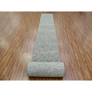 2'5"x29'7" Heather and Camouflage Gray, Undyed Organic Wool Grass Design, Tone on Tone, Hand Knotted XL Runner Oriental Rug FWR478506