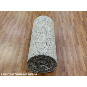 2'5"x22'4" Misty Gray, Hand Knotted Modern Grass Design, Undyed Tone on Tone XL Runner, 100% Wool, Oriental Rug FWR478518