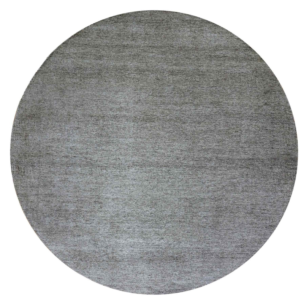 12'x12' Pewter Cast Gray, Modern Plain Grass Design, Vibrant Wool, Tone on Tone, Hand Knotted Organic Sustainable Textile, Oriental Round Rug FWR478644