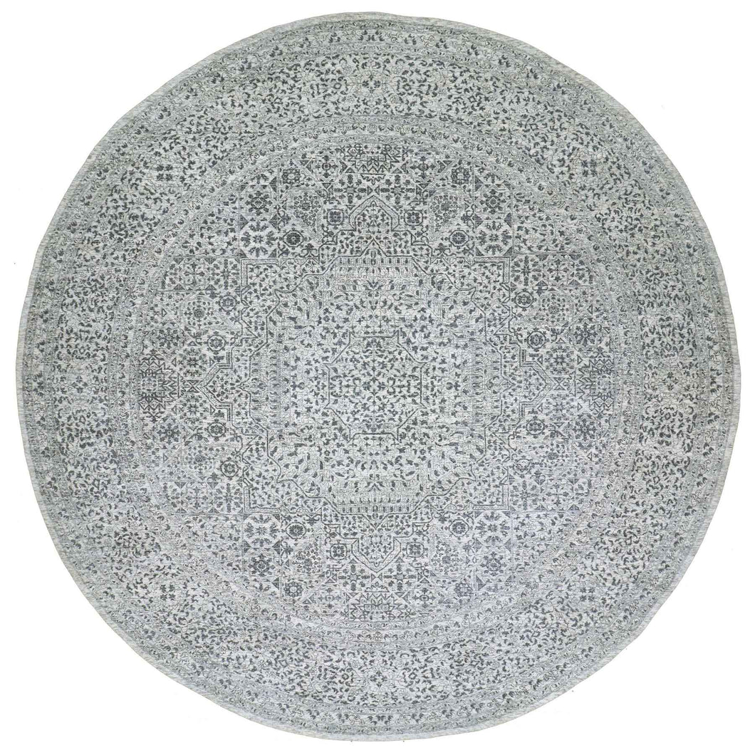 14'x14' Cotton Ball White, Mamluk Design, Tone on Tone, Undyed 100% Wool, Hand Knotted, Round Oriental Rug FWR478650