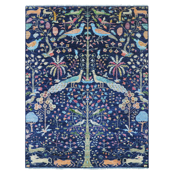 9'x12' Traditional Royal Blue, Tree of Life Design with Peacock, Animals and Other Birds, Hand Knotted, 100% Wool, Oriental Rug FWR479610