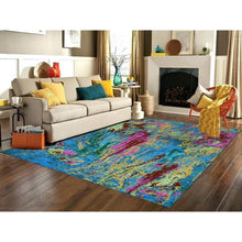 Load image into Gallery viewer, 9&#39;x11&#39;9&quot; Hot Pink with Sapphire Blue, Modern Design, Hand Knotted, Soft to the Touch, Pure Wool, Oriental Rug FWR479622