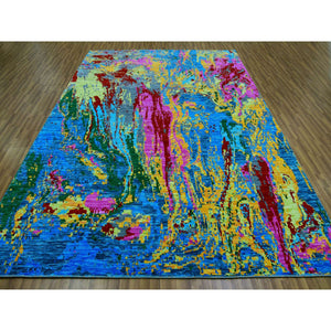 9'x11'9" Hot Pink with Sapphire Blue, Modern Design, Hand Knotted, Soft to the Touch, Pure Wool, Oriental Rug FWR479622